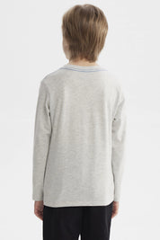 Polera gris melange de manga larga para niño con diseño de camión monstruo amarillo y texto Always Go Ahead Adventure