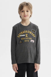 Polera niño gris con parches grandes en el pecho estilo universitario letras amarillas que dicen Extraordinary Education 1973
