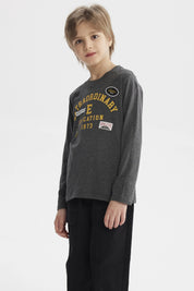 Polera niño gris con parches grandes en el pecho estilo universitario letras amarillas que dicen Extraordinary Education 1973