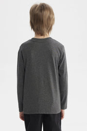 Polera niño gris con parches grandes en el pecho estilo universitario letras amarillas que dicen Extraordinary Education 1973