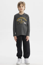 Polera niño gris con parches grandes en el pecho estilo universitario letras amarillas que dicen Extraordinary Education 1973
