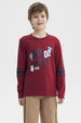 Polera de niño burdeo con estampado frontal de texto y símbolos coloridos estilo casual y moderno sin estampado trasero