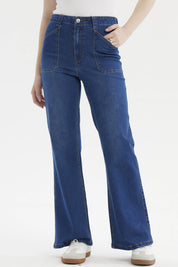 Jeans Mujer Flare Bolsillo Azul Oscuro