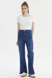 Jeans Mujer Flare Bolsillo Azul Oscuro
