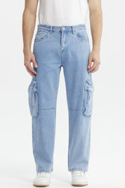 Jeans baggy multicargo azul claro con bolsillos laterales amplios estilo casual