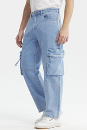 Jeans baggy multicargo azul claro con bolsillos laterales amplios estilo casual