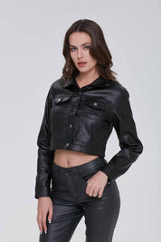 Chaqueta Mujer Efecto Cuero Denim Brillante Negro