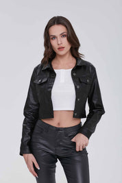 Chaqueta Mujer Efecto Cuero Denim Brillante Negro