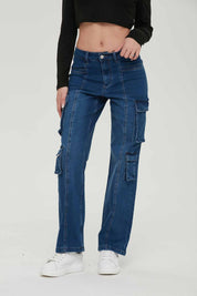 Jeans Mujer Recto Cargo Azul V