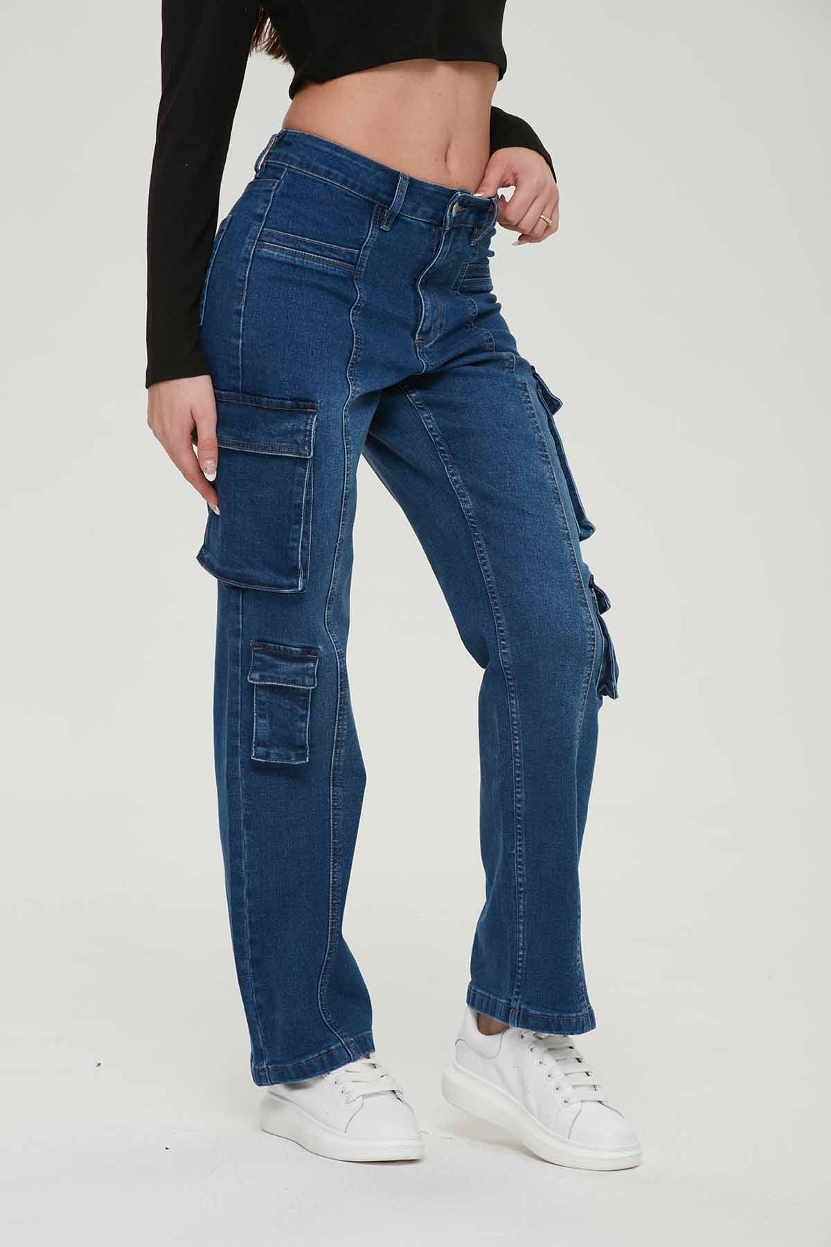 Jeans Mujer Recto Cargo Azul V