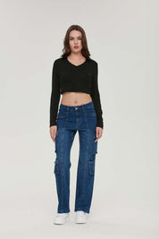 Jeans Mujer Recto Cargo Azul V