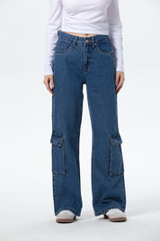 Jeans Mujer Wide Leg Cargo B Azul