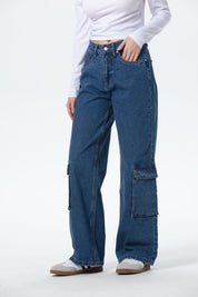 Jeans Mujer Wide Leg Cargo B Azul