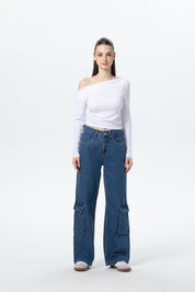 Jeans Mujer Wide Leg Cargo B Azul