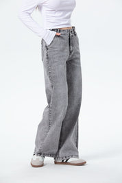 Jeans Mujer Wide Leg Cargo Gris