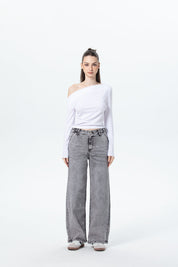 Jeans Mujer Wide Leg Cargo Gris