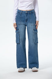 Jeans Mujer Bolsillo Calce Recto Azul