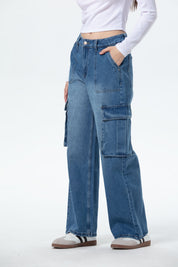 Jeans Mujer Bolsillo Calce Recto Azul
