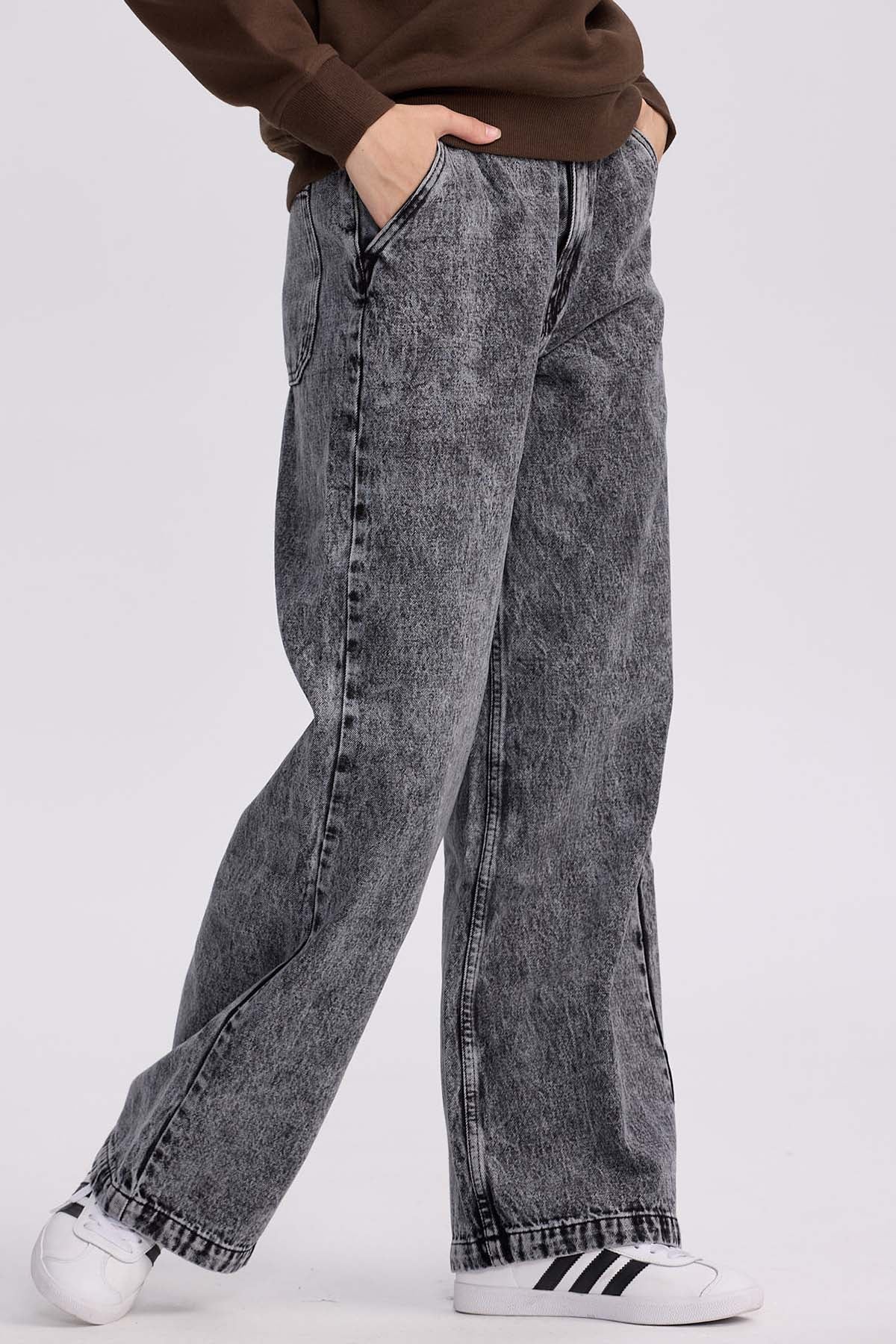 Jeans Mujer Wide Leg Cinturón Gris Oscuro