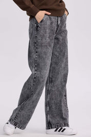 Jeans Mujer Wide Leg Cinturón Gris Oscuro