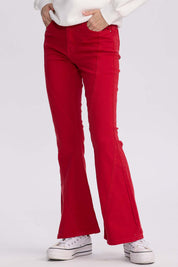 Jeans Mujer Flare Color Line Rojo Oscuro