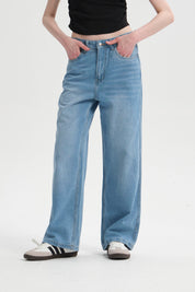 Jeans Mujer Calce Recto Deshilachado Azul Claro