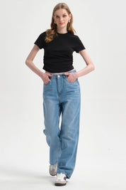 Jeans Mujer Calce Recto Deshilachado Azul Claro