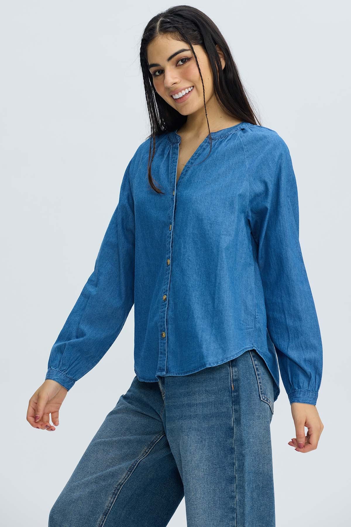 Blusa Mujer Boho Manga Ancha Azul