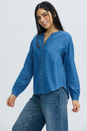 Blusa Mujer Boho Manga Ancha Azul