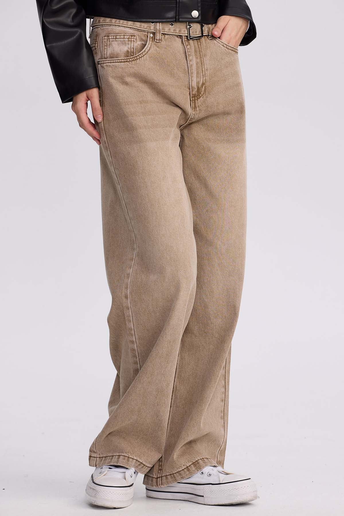 Jeans Mujer Baggy Cinturón Caqui
