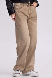 Jeans Mujer Baggy Cinturón Caqui