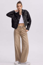 Jeans Mujer Baggy Cinturón Caqui