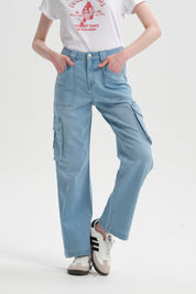 Jeans Mujer Cargo Calce Recto Azul