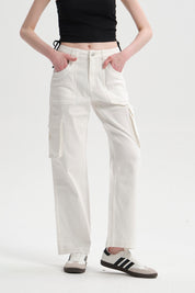 Jeans Mujer Cargo Calce Recto Crudo