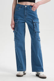 Jeans Mujer Cargo Calce Recto Azul