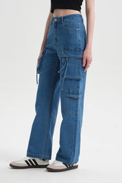 Jeans Mujer Cargo Calce Recto Azul