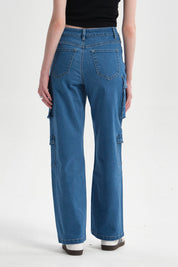 Jeans Mujer Cargo Calce Recto Azul