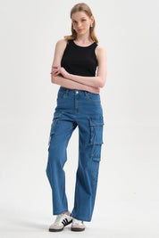 Jeans Mujer Cargo Calce Recto Azul
