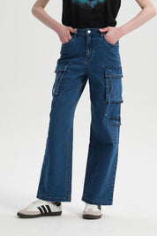 Jeans Mujer Cargo Calce Recto Azul Oscuro