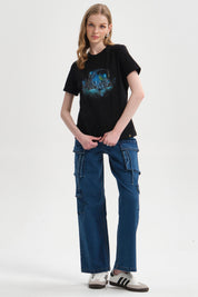Jeans Mujer Cargo Calce Recto Azul Oscuro