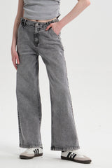 Jeans Wide Leg Lavado Mujer Gris