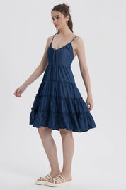 Vestido Mujer Pabilo Volantes Azul Oscuro