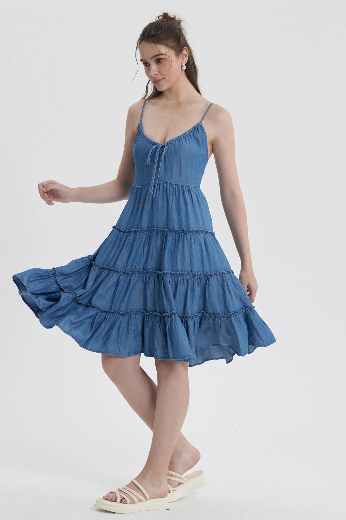 Vestido Mujer Pabilo Volantes Azul Claro