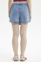 Short falda tableado azul con hebillas laterales estilo casual sin estampa visible