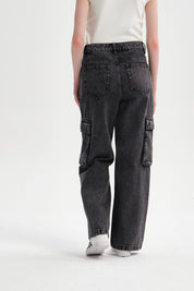 Jeans Mujer Cargo Calce Recto Negro