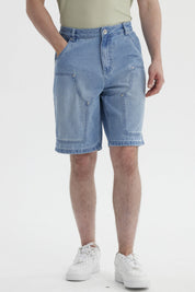 Bermuda azul retro de hombre con grandes bolsillos tipo carpintero al frente diseño casual y cómodo sin estampa