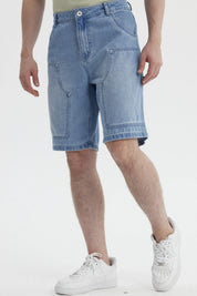 Bermuda azul retro de hombre con grandes bolsillos tipo carpintero al frente diseño casual y cómodo sin estampa