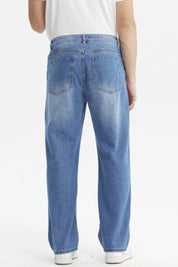 Jeans rectos azul para hombre con efecto deslavado y diseño clásico sin estampa confeccionados en algodón