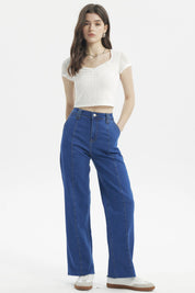 Jeans rectos azul para mujer con costuras decorativas en la parte frontal sin estampa visibles de pierna completa