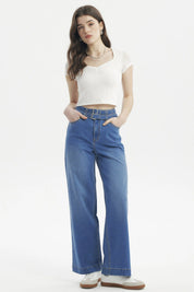 Jeans Mujer Calce Recto Doble Cintura Azul Oscuro
